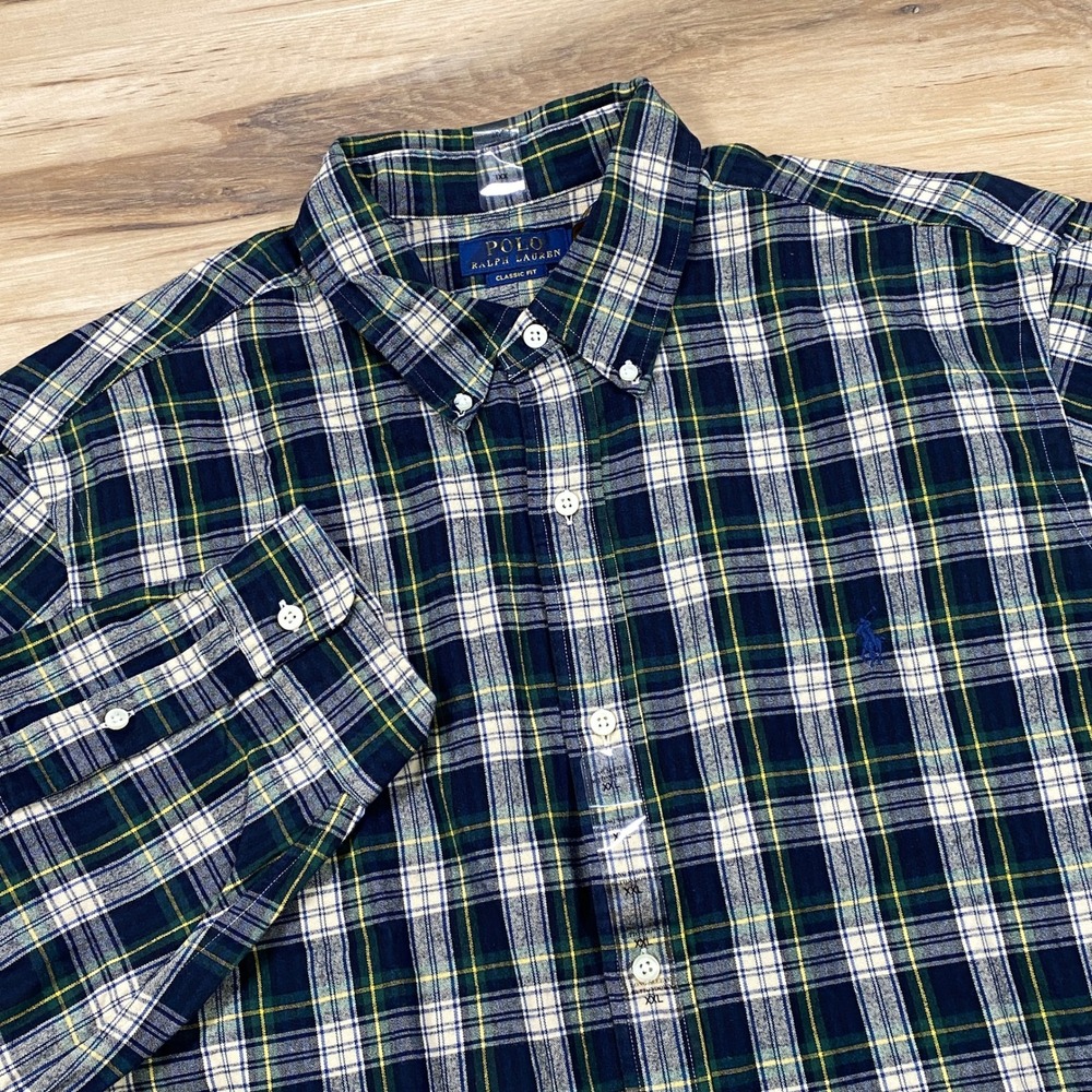 Polo Ralph Lauren Oxford Shirt Mens XXL Cotton Twill Plaid Navy Green Heritage